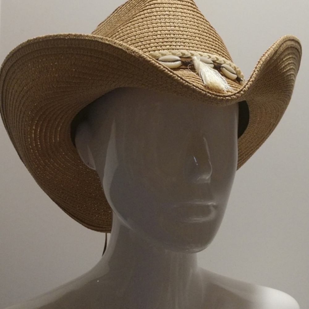 Unisex Western Straw Sun Hat Cowrie Cowry Shells 3.5" Wide Brim Khaki Tan Boho - Picture 4 of 14